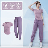 范斯蒂克运动套装女跑步服速干健身训练气质短袖瑜伽服夏季 浅紫色+紫色两件套 TC32624 L（建议105-120斤）