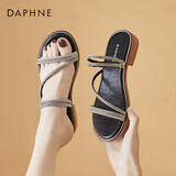 达芙妮凉鞋女舒适粗跟水钻装饰凉鞋时尚两穿拖鞋低跟沙滩鞋女鞋 黑色 35