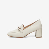 百思图春季商场同款时尚金属扣乐福鞋粗跟女单鞋KA103AA3 米白 37