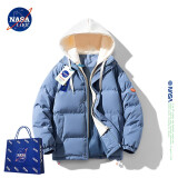 NASA LIKE官方潮牌棉服冬季加厚连帽外套保暖男士棉衣羽绒棉服情侣大码棉袄 蓝色 XL（建议120-140斤）