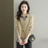 索宛亦秋装衬衫领毛衣女假两件针织衫时尚洋气打底衫上衣春秋季新款 米色 #L(建议106-119斤)