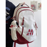 丛林鸟书包女高中大学生美式复古大容量背包韩版潮流百搭初中生双肩包男 白配红【小狗+链徽章随机】