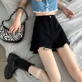 夏天薄款牛仔短裤女夏2022新款高腰显瘦阔腿宽松a字辣妹热裤潮ins 黑色-破洞 M 【100-110斤】