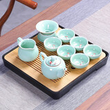 祥业功夫茶具整套装家用茶盘简约客厅办公室会客羊脂玉陶瓷泡茶壶送礼 青瓷游鱼得水茶具四方盘10件套