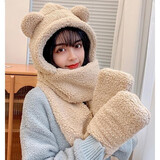 笙格儿 帽子女冬季韩版可爱小熊毛绒卡通帽子围巾手套三件套防风防寒一体套装学生保暖生日礼物圣诞节 米黄色-帽子围巾手套