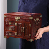 紫檀首饰盒收纳盒榫卯中式仿古实木复古珠宝箱红木百宝箱陪嫁礼物 血檀/雕花/百年好合/红色加绒