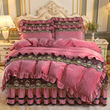 禧愿床裙四件套水晶绒法兰绒牛奶绒床盖夹棉床上魔法绒四件套 床裙床品套件 非全棉纯棉婚庆套件床罩套件 倾城浪漫-豆沙 1.5米床 床裙三件套