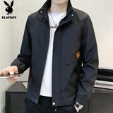 花花公子（PLAYBOY）外套男秋冬季夹克男装男士休闲连帽潮牌上衣服 黑色- XL