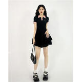 菲尼东爵辣妹撞色polo连衣裙女夏季小众设计感收腰显瘦衬衫裙蝴蝶结短裙子 黑色 粉色蝴蝶结 S 95斤以内