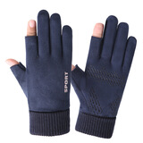 罗维利特麂皮绒手套男冬季加绒保暖薄款触屏半指露二指户外骑行跑步开车棉 麂皮绒露二指-深蓝色 均码