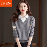 红蜻蜓针织衫女衬衫领2025年秋季新款女装假两件打底衫长袖t恤女士上衣 灰色 均码 【适合80-145斤】