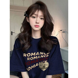 纯棉美式复古短袖t恤女夏季2025新款宽松设计感小个子港风上衣服 藏蓝色【纯棉重磅】 2XL （140-160斤）