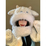 SOMUBAY熊猫毛绒帽子围巾一体女冬季骑车可爱加厚保暖围脖手套新年礼物女 TZ-307小羊帽（帽子手套一体） 均码品质款 （礼袋需联客服）