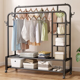 木樽多功能挂衣架落地卧室简易晾衣杆晾晒衣服收纳置衣架子室内衣帽架 (150cm 黑)双杆双层网+侧网 带轮 大