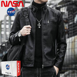 NASA官网联名皮衣男外套男2021秋季韩版潮流夹克男立领修身外套男士潮流机车皮衣时尚帅气男装 黑色 XL【推荐体重130-145斤】