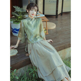 妍莉芬（yanlifen）新中式禅意茶服旗袍套装女日常改良汉服文艺国风显瘦温柔连衣裙夏 禅意茶服旗袍两件装 L