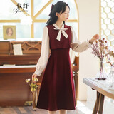 仪纤超仙文艺复古连衣裙长袖2025秋冬新款蝴蝶结A字裙女学生6203 红色常规 M