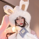 N.Arctic小熊帽子围巾手套三件套女冬季加绒加厚防寒围脖连帽头套保暖护耳 开心兔子两件套白色