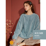 安之伴情侣睡衣套头休闲男女士睡衣可外穿双面珊瑚绒保暖家居服套装 冰兰-女 S