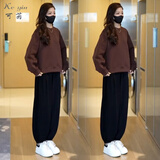 可茵（Keyin）卫衣女运动套装女2026年秋冬新款圆领宽松减龄上衣高腰休闲裤子女 咖色卫衣+裤子 XL