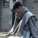 目丸围巾男士冬季韩版百搭日系纯色披肩学生男士加厚保暖秋冬天围脖元 【浅灰色】-通用加厚款