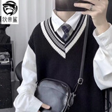 狄帝鲨慵懒风V领毛衣男春秋款宽松学院风针织背心日系复古百搭坎肩马甲 黑色 XL