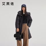 艾莱依泡芙感羽绒服女款时尚连帽中长款韩版拼接冬季外套 炭黑 S