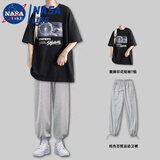 忆克萨男士宇航员短袖潮牌T恤ins港风半袖衣服新款五分袖宽松秋季男套装 两件套【黑色+灰休闲裤】 M 【关注店铺优先发货】