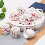 豹霖景德镇陶瓷功夫茶具茶盘茶海套装家用复古中式 双层隔热防烫茶杯青花瓷整套茶具茶壶茶杯茶盘小套套装 9头双层大盘-水点桃花