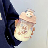ins风儿童吸管塑料杯高颜值凯蒂猫水杯女学生可爱新款大容量杯子 粉色kt猫吸管杯 500ml 单杯+贴纸+DIY贴片