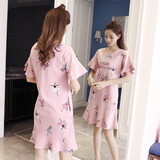 奥蜜雪睡裙女夏纯棉短袖韩版薄款甜美休闲中裙宽松大码睡衣女夏天全棉家居服 Q-2011 L（105-125斤）