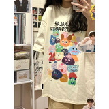 萨姆依日系趣味卡通印花短袖t恤女学生ins复古休闲半袖夏季潮牌宽松上衣 杏色【高品质纯棉】 2XL