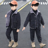 小咕嘟熊童装男秋冬装儿童套装两件套牛仔外套加绒加厚男孩衣服男童套装 灰色外套+裤子 130
