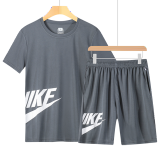欧联霸运动套装短袖男夏季跑步服休闲两件套速干衣T恤五分裤足球训练服 灰色 L（建议100-120斤）