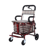 弘庆老年购物车座椅可坐四轮买菜助步可推小拉车老人手推车便携代步车折叠 红色单轮带脚踏