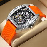 马克华菲（FAIRWHALE）手表男士国潮机械表酒桶形镂空全自动男表时尚学生防水瑞士风腕表 银壳橙色胶带