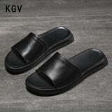 KGV【头层牛皮】拖鞋男2024夏季真皮凉拖鞋一字透气男士户外穿潮流 黑色 41 【标准皮鞋码 大运动鞋一码】
