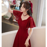 兰卡·罗妮兰卡罗妮敬酒服新娘平时可穿结婚订婚连衣裙回门小晚礼服蕾丝 酒红色中长款 M