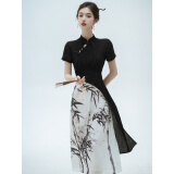 艾珠儿（Aizhuer）新中式国风改良旗袍2024夏季女装复古水墨画连衣裙名媛礼服显瘦 黑色 XL