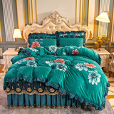禧愿床裙四件套水晶绒法兰绒牛奶绒床盖夹棉床上魔法绒四件套 床裙床品套件 非全棉纯棉婚庆套件床罩套件 富贵花开-绿芷 1.5米床 床裙三件套
