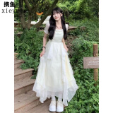 携鱼在逃公主裙2024新款夏轻婚纱设计感收腰法式初恋温柔白月光连衣裙 米白色连衣裙(短款) S 80-100斤