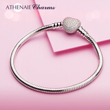 ATHENAIE 心形锁扣925银圆蛇链蛇骨链DIY基础手链 情侣女款送女友 17CM 密镶锆石心形锁扣手链