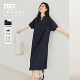 对白简约通勤短袖连衣裙女2026夏新款设计感分割宽松直筒显瘦裙子 深海蓝 XL