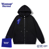 WASSUP HERMU官方潮流连帽卫衣男春秋季运动休闲情侣套装大码外套潮牌长袖开衫 黑色 L（建议110-130斤）