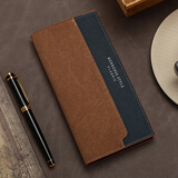 万佳臻男士钱包长款二折磨砂多位卡包西装包时尚潮流名片证件钱夹钱包男 长款拼色钱包【咖/蓝-主图色】