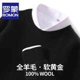 罗蒙（ROMON）澳洲纯羊毛针织衫男士秋冬新款宽松圆领加厚毛衣男商务休闲打底衫 BH819黑色 XL码(100%绵羊毛)