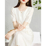 德玛纳（dme）【文艺风喇叭裙】夏季圆领修身绑带泡泡袖连衣裙女