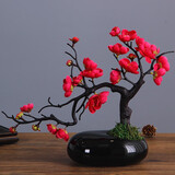 爱泽宝 中式仿真梅花枝腊梅假花干花桌面摆设家居客厅玄关装饰花花艺摆件小盆栽盆景禅意摆设 玫红梅花1支+黑花瓶