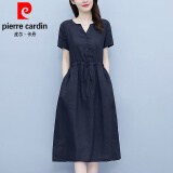 皮尔卡丹（pierre cardin）大l码2024新款韩版抽绳收腰气质显瘦短袖中长裙女纯色棉麻连衣裙 深蓝色 2XL (建议130-145斤)