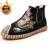 老北京布鞋男秋冬季棉鞋男士加绒短靴子千层底棉麻刺绣传统老布鞋 云南民族风汉服绣花休闲男鞋子 七度橙 CS077 黑色 41码